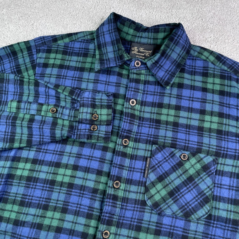 Vermont Flannel Co Shirt Mens XL Blue Green Plaid Heavy Organic Cotton Button Up